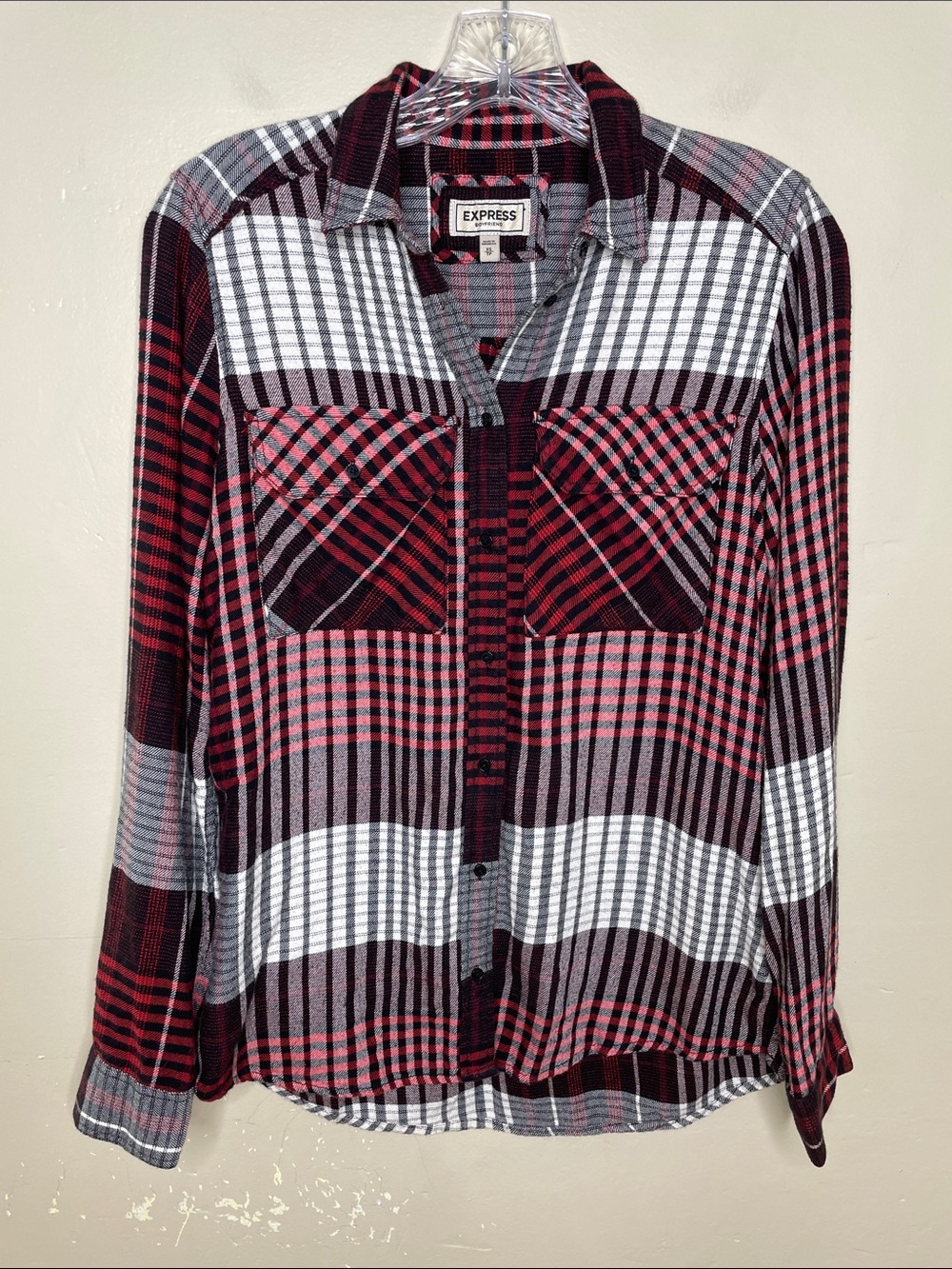 EXPRESS Boyfriend Shirt Plaid Red Black & White Button Flap Chest Pockets XS